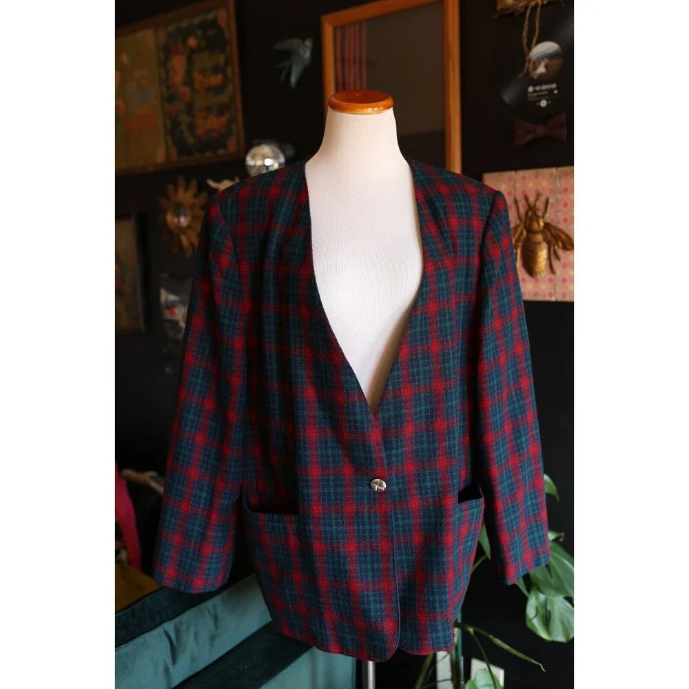 Vintage Leslie Fay Blazer Jacket Womens 18W Christmas Green Red Plaid Wool